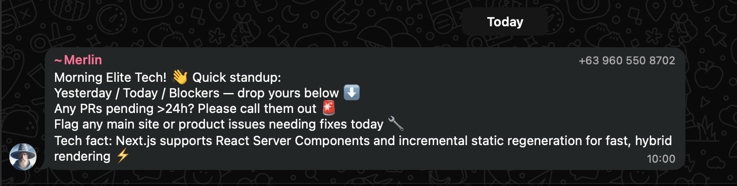 Example WhatsApp AI agent standup summary message